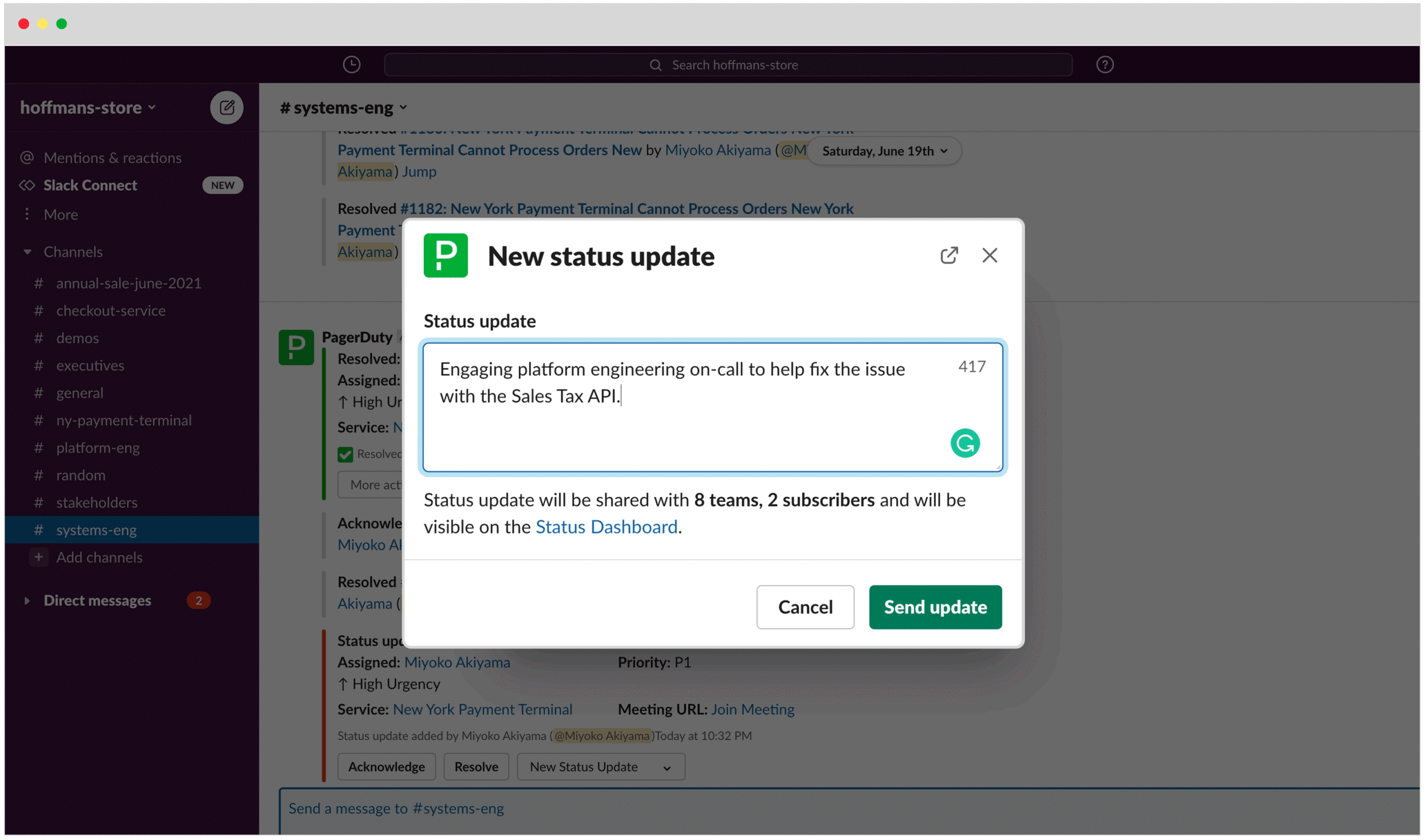 PagerDuty incident alerts and on-call workflows in Slack
