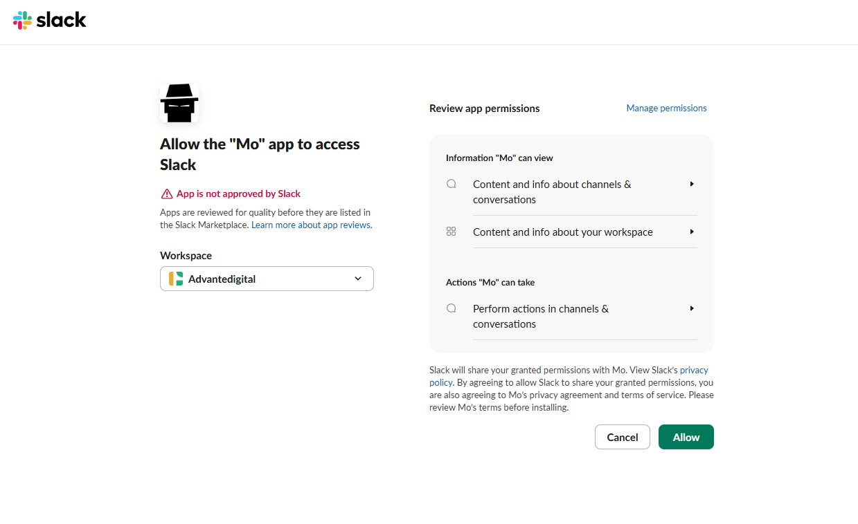 Slack OAuth screen: Allow the Mo app to access Slack, workspace picker, permission review, Allow button